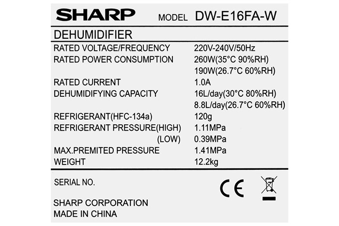 Máy lọc không khí và hút ẩm Sharp DW-E16FA-W